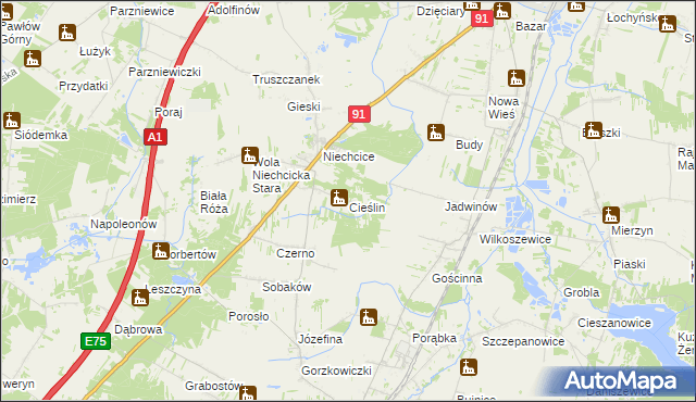 mapa Cieślin gmina Rozprza, Cieślin gmina Rozprza na mapie Targeo