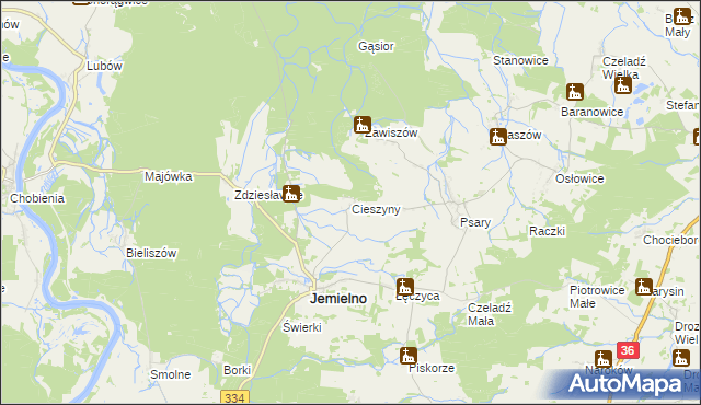 mapa Cieszyny gmina Jemielno, Cieszyny gmina Jemielno na mapie Targeo