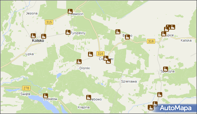 mapa Ciosaniec gmina Sława, Ciosaniec gmina Sława na mapie Targeo