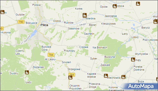 mapa Cisowa gmina Pilica, Cisowa gmina Pilica na mapie Targeo