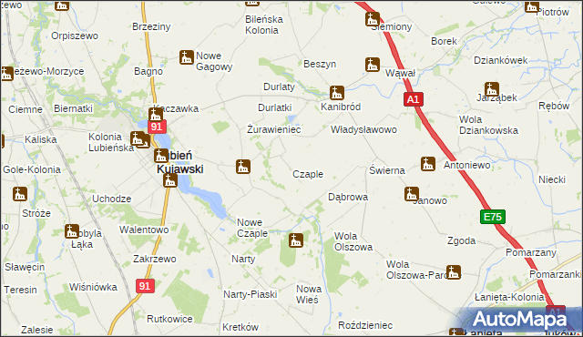 mapa Czaple gmina Lubień Kujawski, Czaple gmina Lubień Kujawski na mapie Targeo