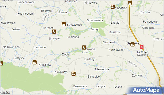 mapa Czerwona Góra gmina Sadowie, Czerwona Góra gmina Sadowie na mapie Targeo