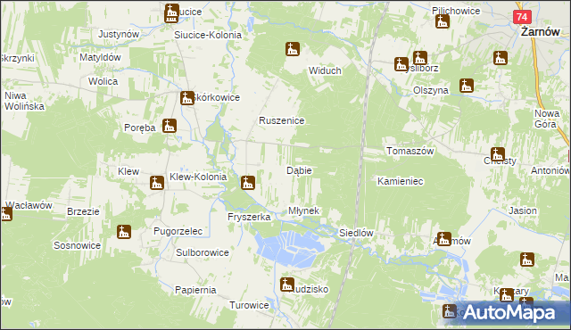 mapa Dąbie gmina Żarnów, Dąbie gmina Żarnów na mapie Targeo