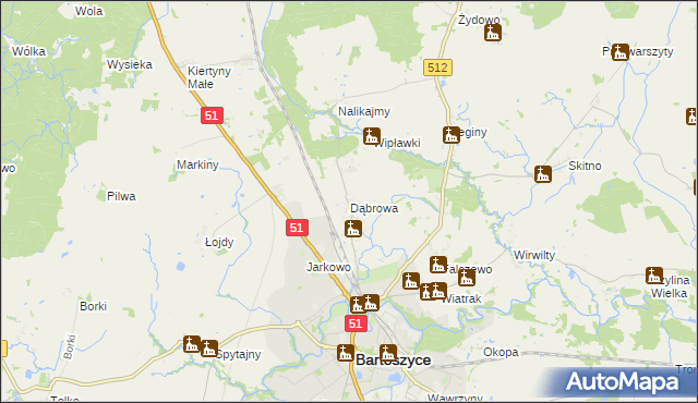 mapa Dąbrowa gmina Bartoszyce, Dąbrowa gmina Bartoszyce na mapie Targeo