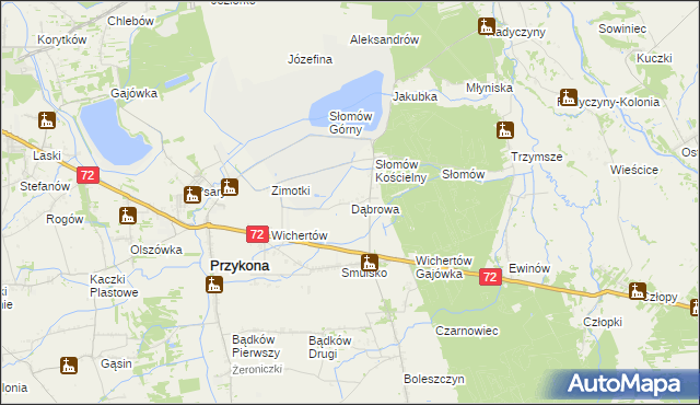 mapa Dąbrowa gmina Przykona, Dąbrowa gmina Przykona na mapie Targeo