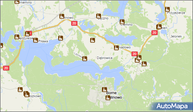 mapa Dąbrowica gmina Borne Sulinowo, Dąbrowica gmina Borne Sulinowo na mapie Targeo