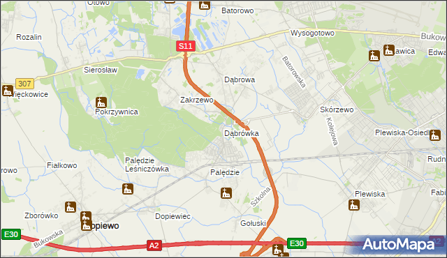 mapa Dąbrówka gmina Dopiewo, Dąbrówka gmina Dopiewo na mapie Targeo