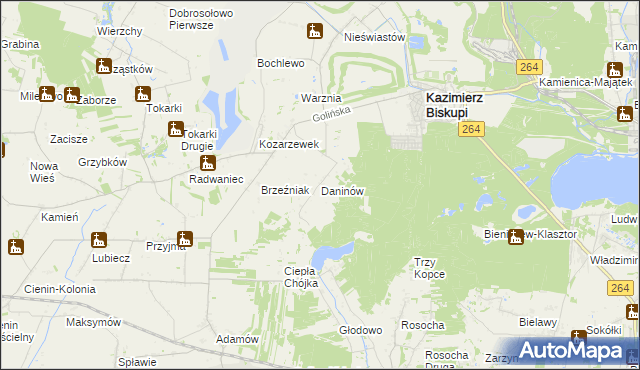 mapa Daninów gmina Kazimierz Biskupi, Daninów gmina Kazimierz Biskupi na mapie Targeo