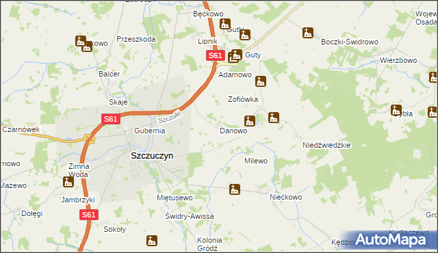mapa Danowo gmina Szczuczyn, Danowo gmina Szczuczyn na mapie Targeo