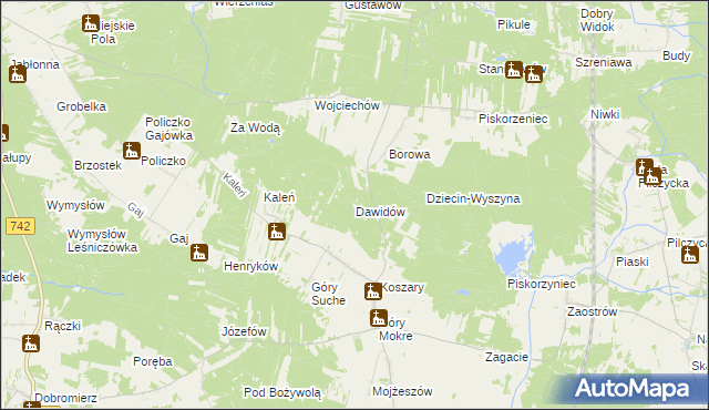 mapa Dawidów gmina Przedbórz, Dawidów gmina Przedbórz na mapie Targeo