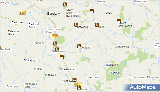 mapa Dębiany gmina Barciany, Dębiany gmina Barciany na mapie Targeo