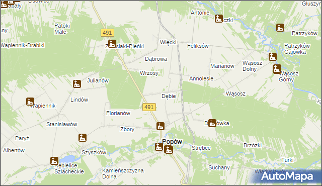 mapa Dębie gmina Popów, Dębie gmina Popów na mapie Targeo