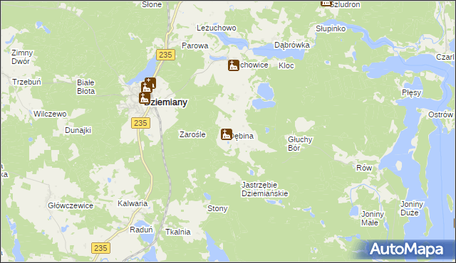 mapa Dębina gmina Dziemiany, Dębina gmina Dziemiany na mapie Targeo