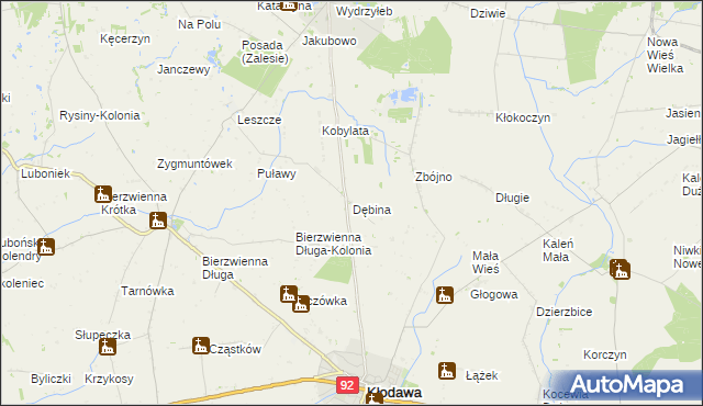 mapa Dębina gmina Kłodawa, Dębina gmina Kłodawa na mapie Targeo