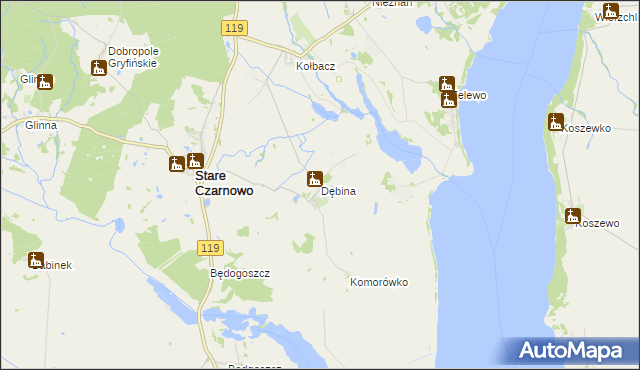 mapa Dębina gmina Stare Czarnowo, Dębina gmina Stare Czarnowo na mapie Targeo