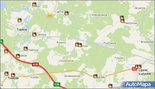 mapa Dębinka gmina Trzebiel, Dębinka gmina Trzebiel na mapie Targeo