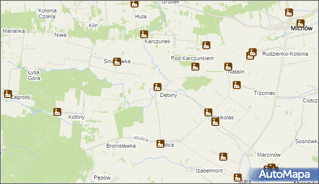 mapa Dębiny gmina Abramów, Dębiny gmina Abramów na mapie Targeo