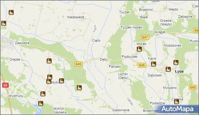 mapa Dęby gmina Łyse, Dęby gmina Łyse na mapie Targeo