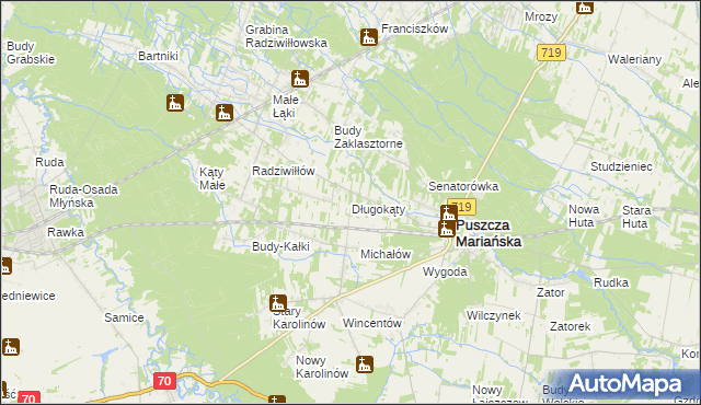 mapa Długokąty gmina Puszcza Mariańska, Długokąty gmina Puszcza Mariańska na mapie Targeo