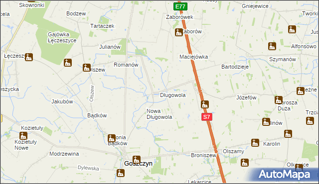 mapa Długowola gmina Goszczyn, Długowola gmina Goszczyn na mapie Targeo
