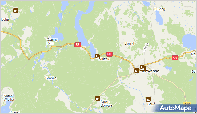 mapa Dłużek gmina Jedwabno, Dłużek gmina Jedwabno na mapie Targeo