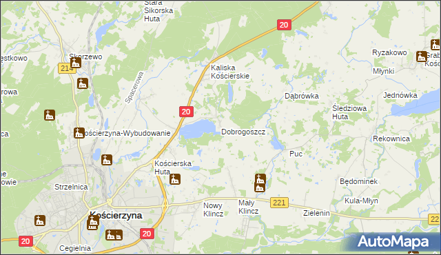 mapa Dobrogoszcz gmina Kościerzyna, Dobrogoszcz gmina Kościerzyna na mapie Targeo