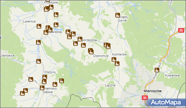 mapa Dobromyśl gmina Kamienna Góra, Dobromyśl gmina Kamienna Góra na mapie Targeo