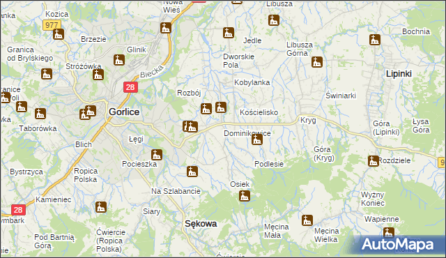 mapa Dominikowice gmina Gorlice, Dominikowice gmina Gorlice na mapie Targeo