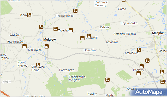 mapa Dominów gmina Mełgiew, Dominów gmina Mełgiew na mapie Targeo