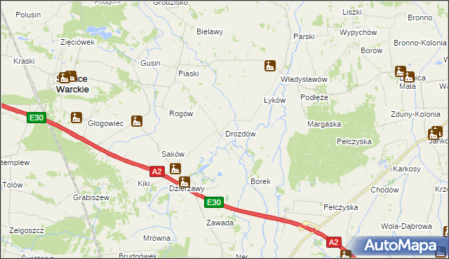 mapa Drozdów gmina Świnice Warckie, Drozdów gmina Świnice Warckie na mapie Targeo