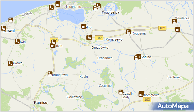 mapa Drozdowo gmina Karnice, Drozdowo gmina Karnice na mapie Targeo