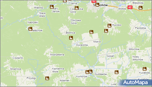 mapa Duraczów gmina Stąporków, Duraczów gmina Stąporków na mapie Targeo