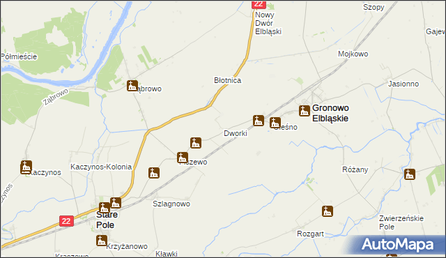 mapa Dworki gmina Gronowo Elbląskie, Dworki gmina Gronowo Elbląskie na mapie Targeo