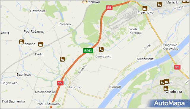 mapa Dworzysko gmina Świecie, Dworzysko gmina Świecie na mapie Targeo