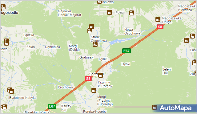 mapa Dybki gmina Ostrów Mazowiecka, Dybki gmina Ostrów Mazowiecka na mapie Targeo