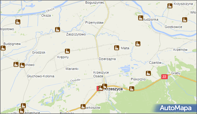 mapa Dzierzążna gmina Krzeszyce, Dzierzążna gmina Krzeszyce na mapie Targeo