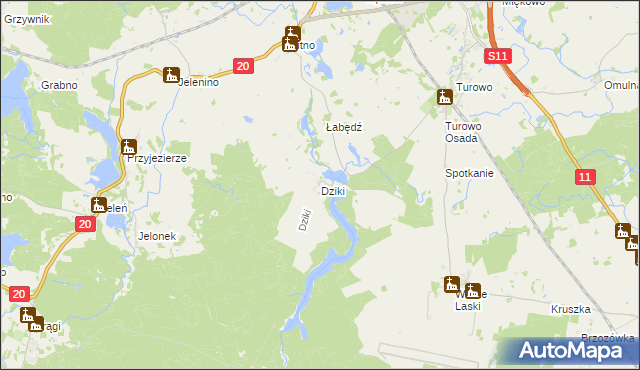 mapa Dziki gmina Szczecinek, Dziki gmina Szczecinek na mapie Targeo