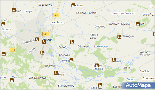 mapa Dźwierzno gmina Bieżuń, Dźwierzno gmina Bieżuń na mapie Targeo