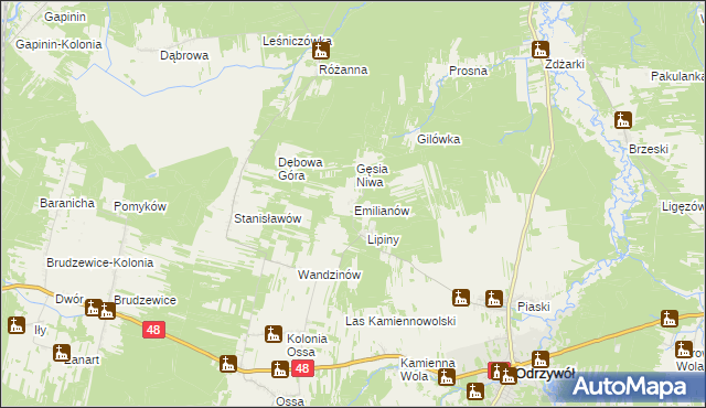 mapa Emilianów gmina Odrzywół, Emilianów gmina Odrzywół na mapie Targeo