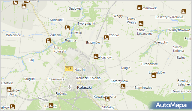 mapa Felicjanów gmina Koluszki, Felicjanów gmina Koluszki na mapie Targeo