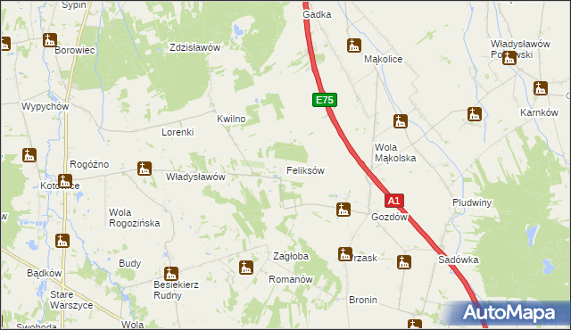 mapa Feliksów gmina Głowno, Feliksów gmina Głowno na mapie Targeo