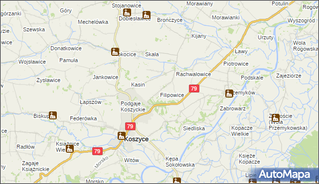 mapa Filipowice gmina Koszyce, Filipowice gmina Koszyce na mapie Targeo