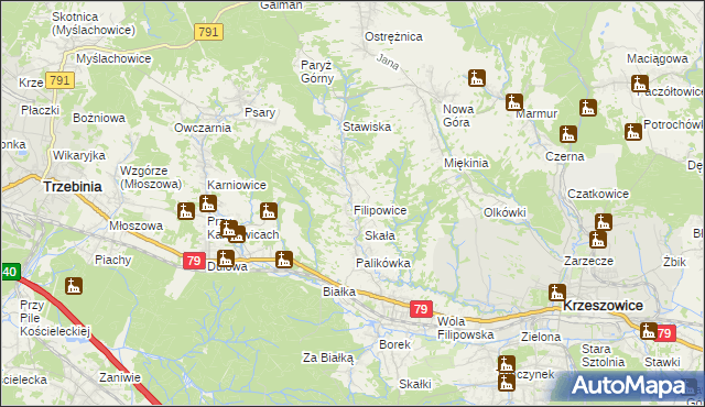 mapa Filipowice gmina Krzeszowice, Filipowice gmina Krzeszowice na mapie Targeo