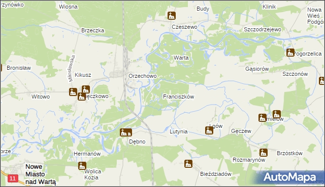 mapa Franciszków gmina Nowe Miasto nad Wartą, Franciszków gmina Nowe Miasto nad Wartą na mapie Targeo