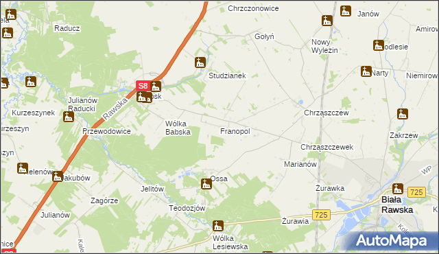 mapa Franopol gmina Biała Rawska, Franopol gmina Biała Rawska na mapie Targeo