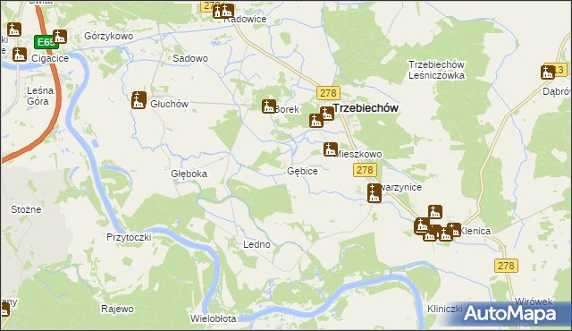 mapa Gębice gmina Trzebiechów, Gębice gmina Trzebiechów na mapie Targeo