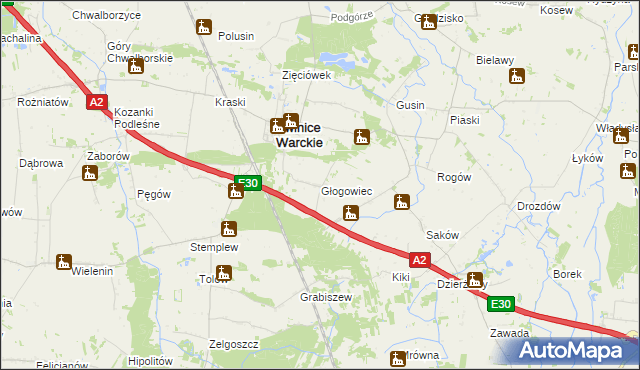 mapa Głogowiec gmina Świnice Warckie, Głogowiec gmina Świnice Warckie na mapie Targeo