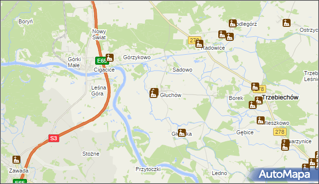 mapa Głuchów gmina Trzebiechów, Głuchów gmina Trzebiechów na mapie Targeo