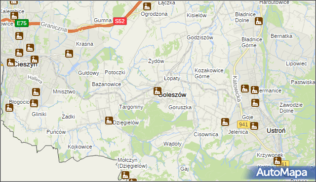 mapa Goleszów powiat cieszyński, Goleszów powiat cieszyński na mapie Targeo