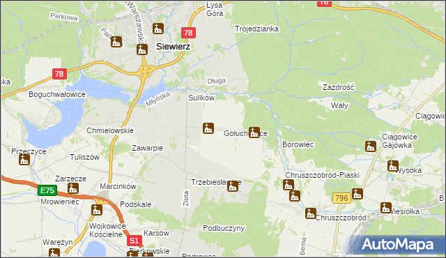 mapa Gołuchowice gmina Siewierz, Gołuchowice gmina Siewierz na mapie Targeo